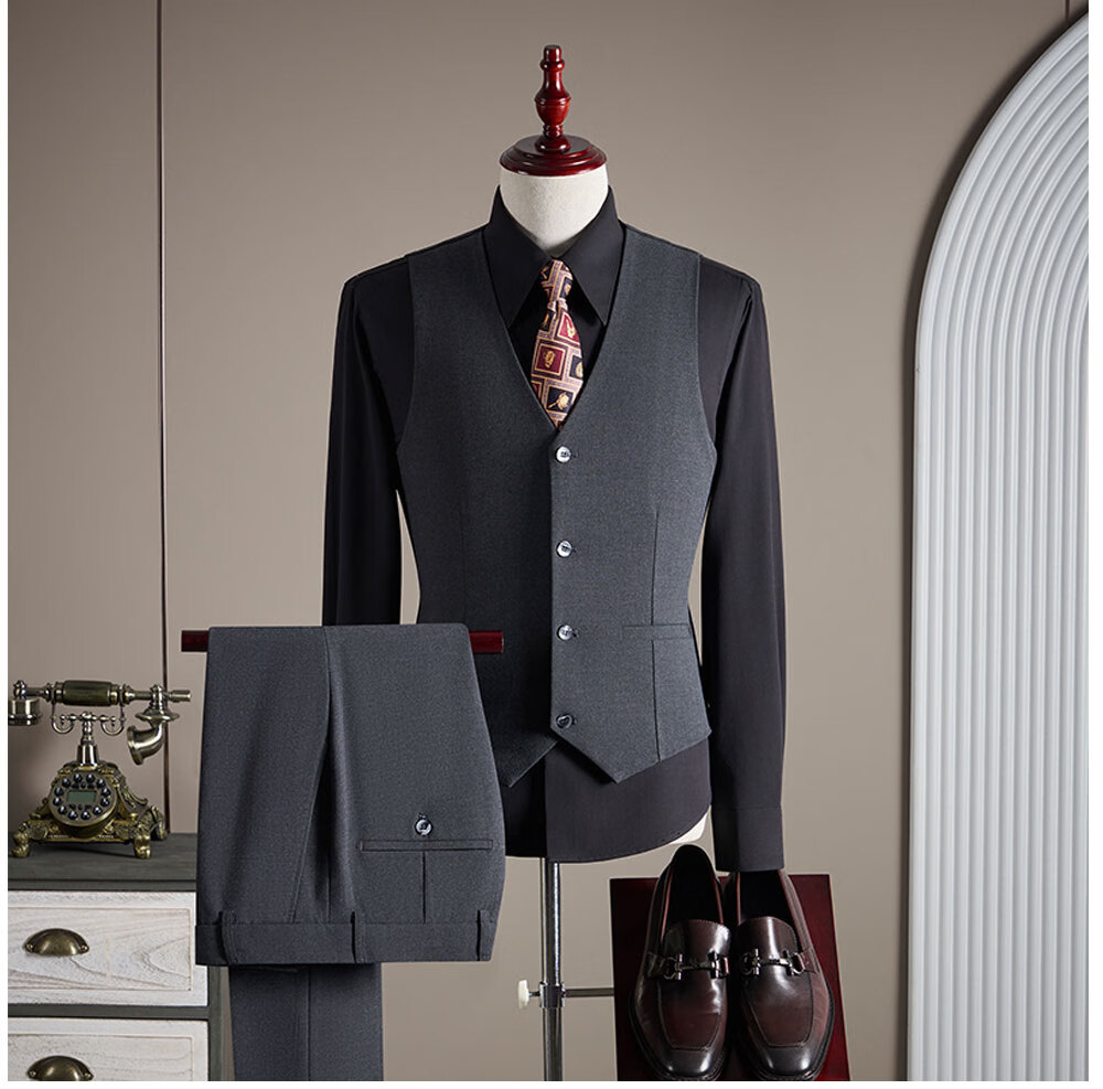 ROMON Men's Suit Set Blazer Vest Trousers Business Formal Wedding Dark Gray XL 6