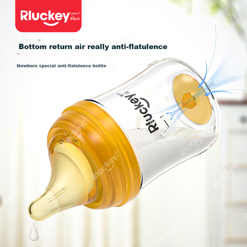 RLUCKEY Newborn Anti-Colic Glass Bottle with Soft, Breast-Like Center Nipple, 160ml, Size S, for 1-3 Months