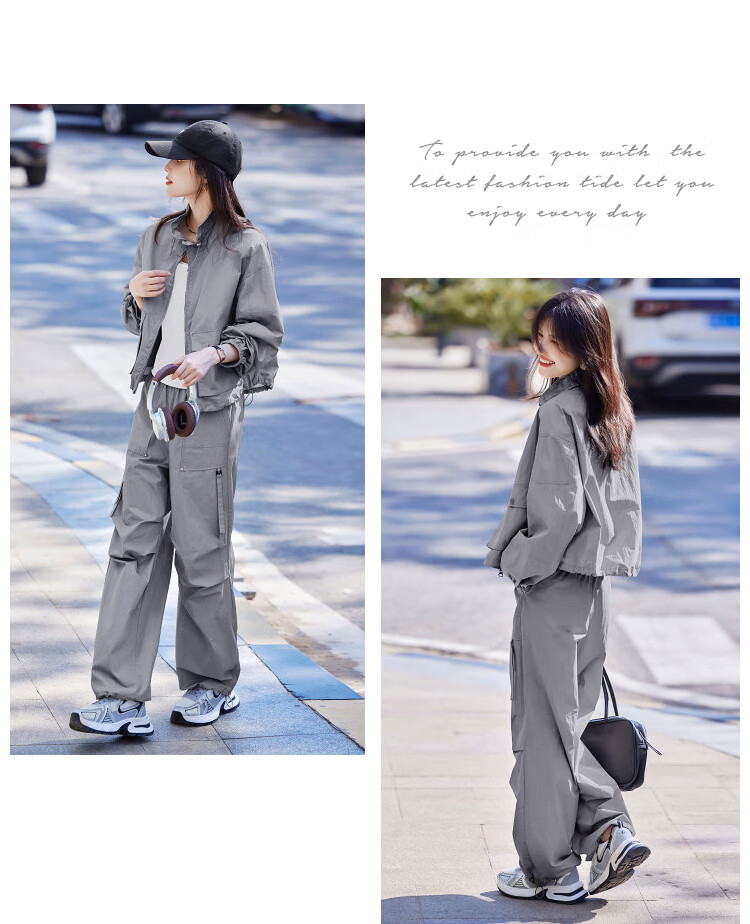Awakening Paradise 26 Spring New Stand Collar Drawstring Jacket High Waist Cargo Jogger Lightweight Casual Set Navy Blue S 15