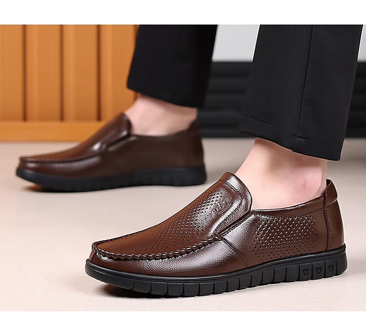 MEXICAN Business Casual First Layer Cowhide Men's Dress Shoes Hollow Breathable Slip-On Large Size Brown 39 17