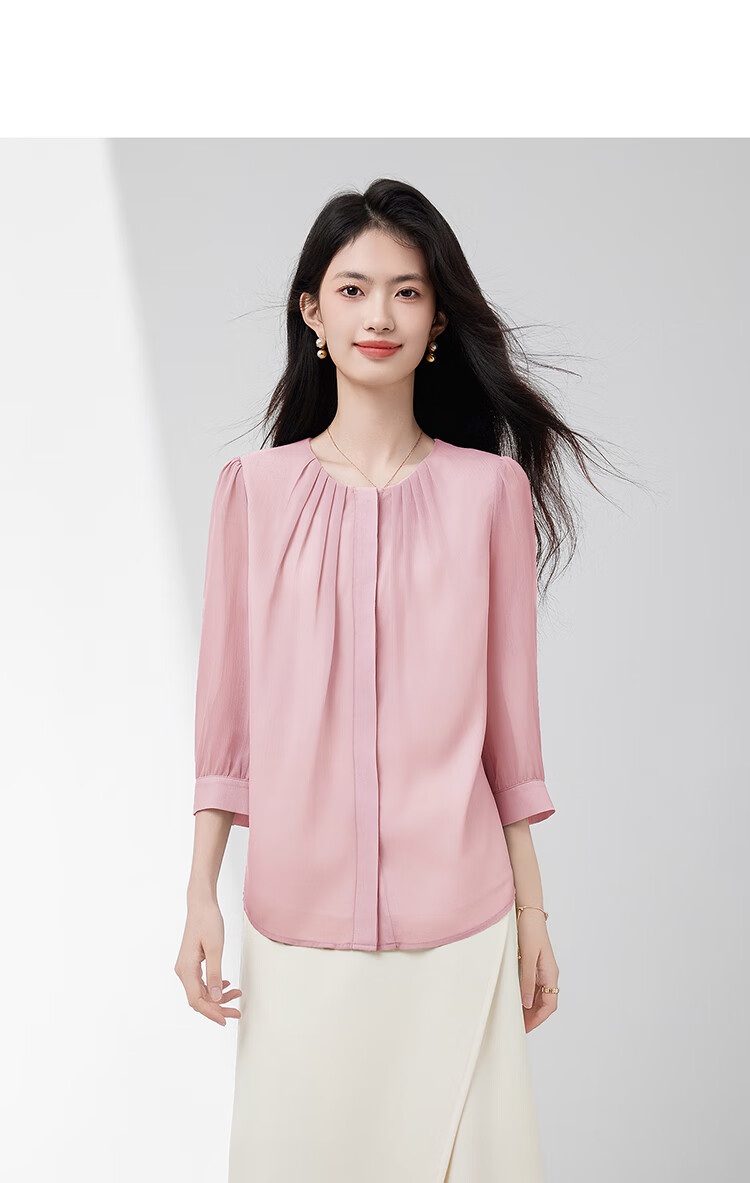Sentubila Fashionable Round Neck Three-Quarter Sleeve Chiffon Blouse for Women, Autumn Elegant Youthful Style Office Wear Top, White, Size S 11