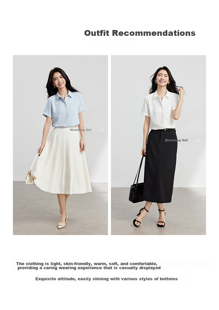 Bodexiaojie Blue Chiffon Short-Sleeve Blouse for Petite Women, Professional Work Top, Interview Formal Wear Shirt, Size L 3