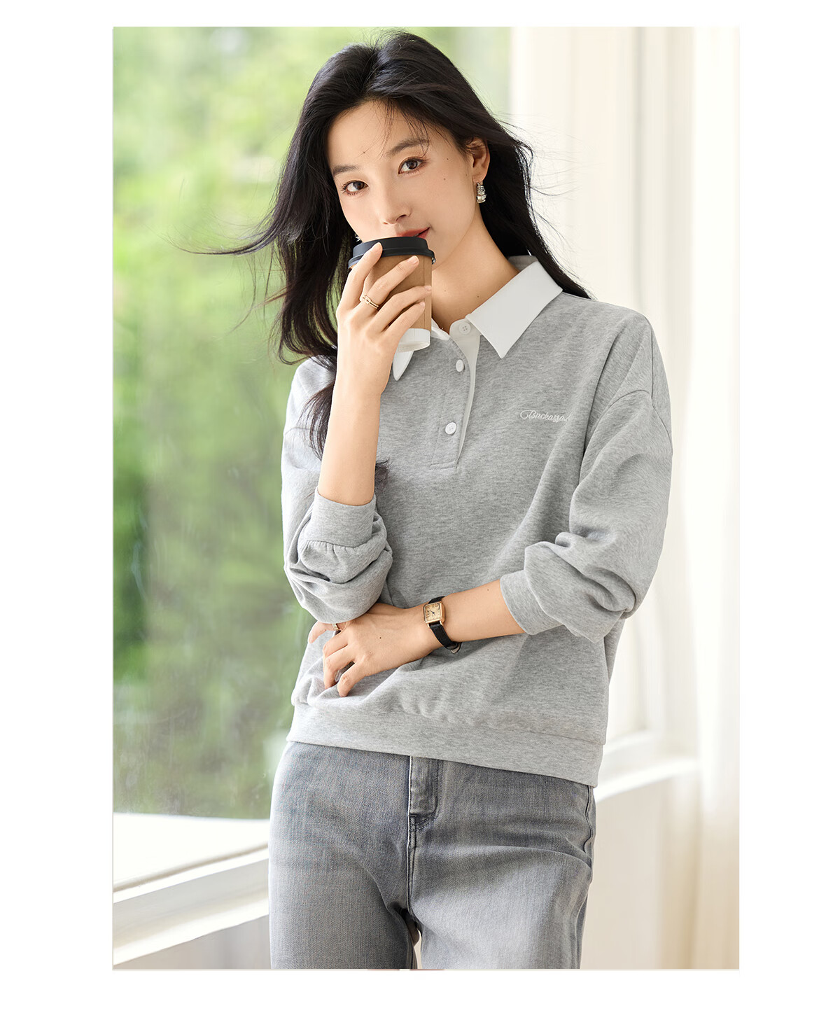 Chushen Spring Autumn Women's Fashion Colorblock Collar Letter Embroidered Versatile Sweatshirt S53W027 6