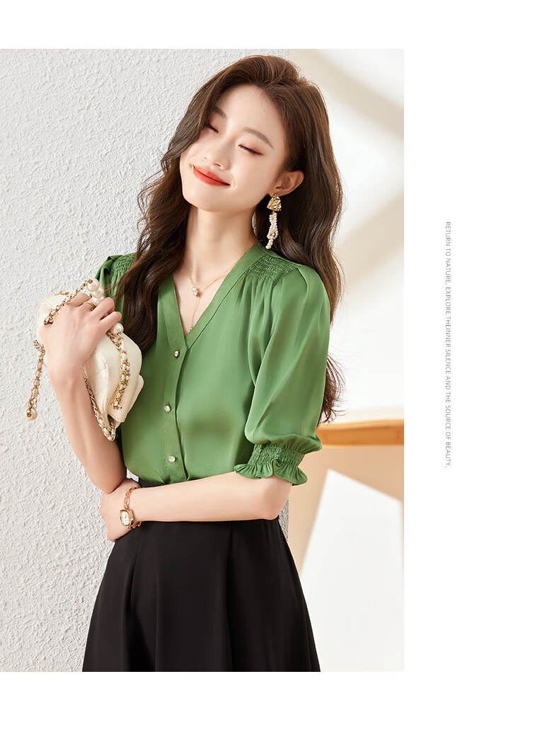 Jeanswest Women's Short-Sleeve Shirt, Summer 2026 Thin Style, Slimming French Inner Layer, Casual Chiffon Blouse, Green, XL 7