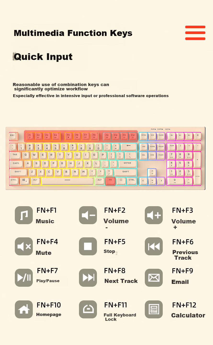 Aigo Mechanical Feel Keyboard, 108 Keys Full-Size Layout, Colorful Lighting, Wired Connection, Quiet Operation, Stylish Design for Men And Women, External Keyboard, FG108, General Black 13