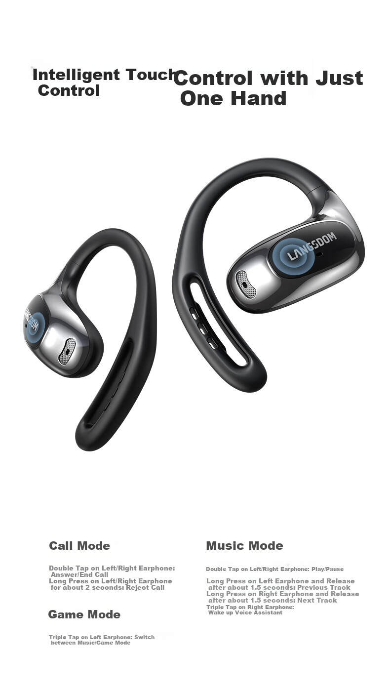 Lanshidun Bluetooth Headphones, Ear-Hook Style, Bone Conduction Concept, Open-Ear Design, Not In-Ear, ENC Calling, Noise Reduction, for Sports, Running, Cycling, Gaming, Music Headphones, TE10 Black 9
