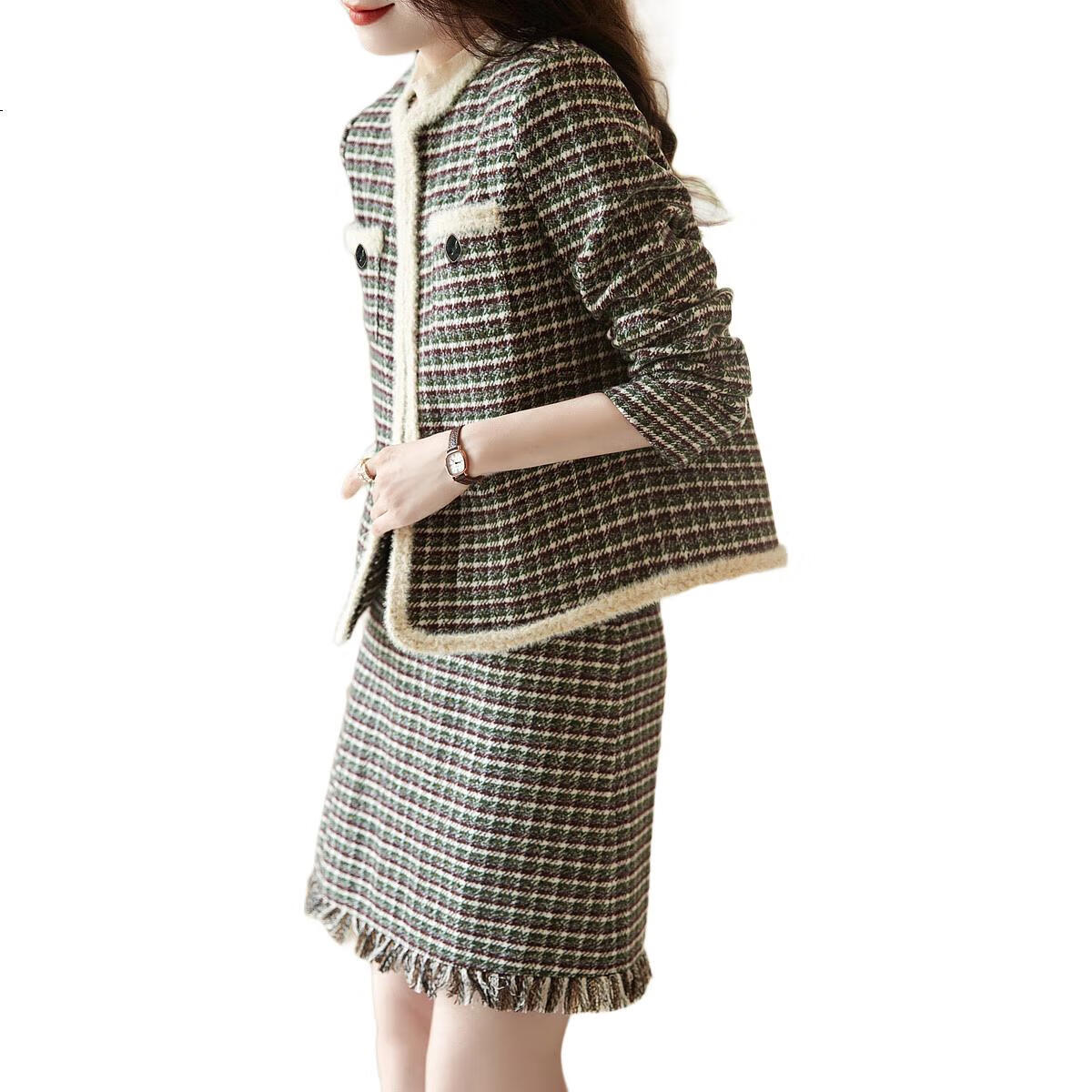 Dme Xiaoxiangfeng Two-Piece Winter Set, Commuter Round Neck Top with Skirt, Contrasting Colors, Women's Fashion, Olive Green, S