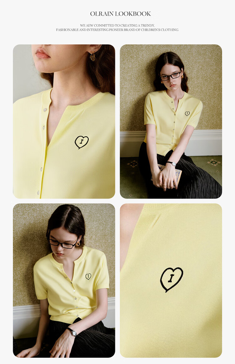 Olrain Heart Embroidered Knit Cardigan Women's Summer V-Neck Short Sleeve Top Yellow XL 9