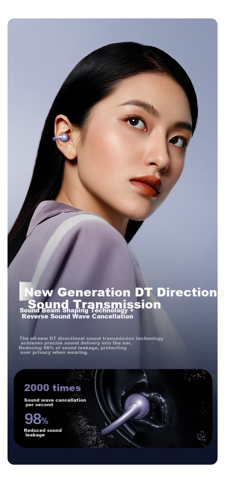 Tonemay Q6 Clip-On Open Bluetooth Headphones, Bone Conduction Concept AI Translation Headphones, Call Noise Reduction, Wireless Non-In Running Sports Ear-Hook Gaming E-Sports Valentine's Day Gift Purple 10