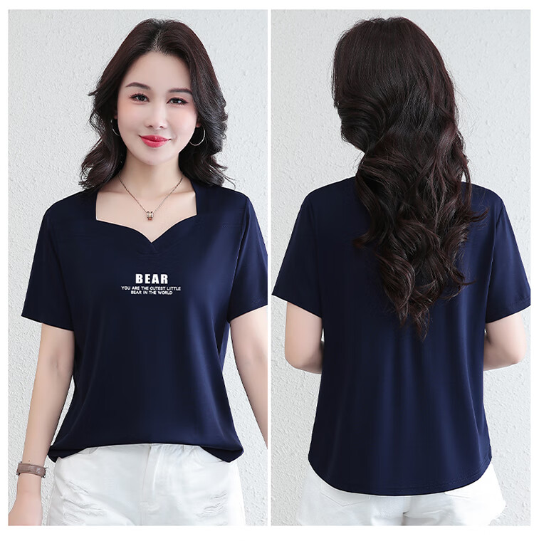 Woodpecker Ice Silk Short Sleeve T-Shirt Women Summer New Middle-Aged Thin Slim Casual Half Sleeve Top Royal Blue 3XL 14