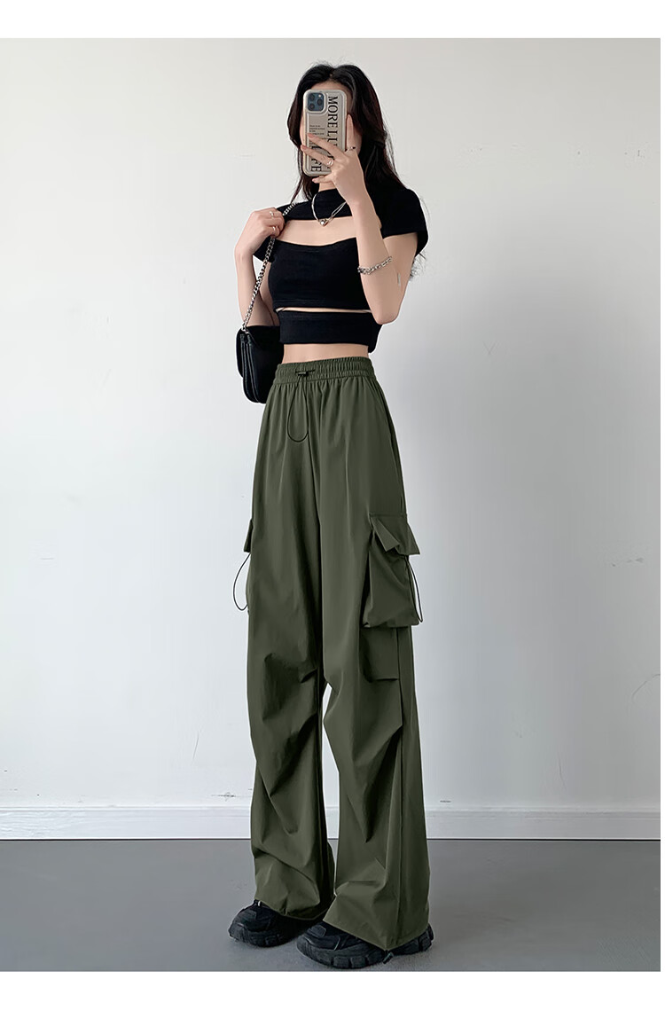 Jeanswest Women's Summer Lightweight Paratrooper High-Waist Slim Fit Sports Narrow Casual Wide-Leg Cargo Pants Military Green S 10
