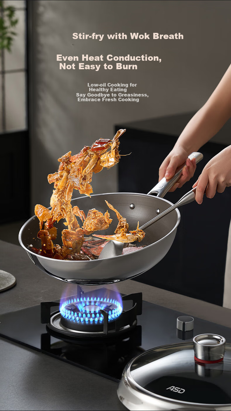 ASD Non-Stick Wok with Pure Titanium Coating, Stainless Steel Home Use Titanium Pan, Non-Stick Compatible with Gas And Induction Cooktops, 32cm Z1 13