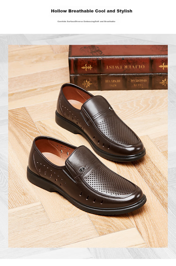Kangnai Leather Shoes, Perforated Shoes for Men, Summer Sandals, Comfortable Casual Business Formal Dress Shoes, Hollow-Out Shoes, Glossy Breathable Men's Shoes, Black, Size 43 3