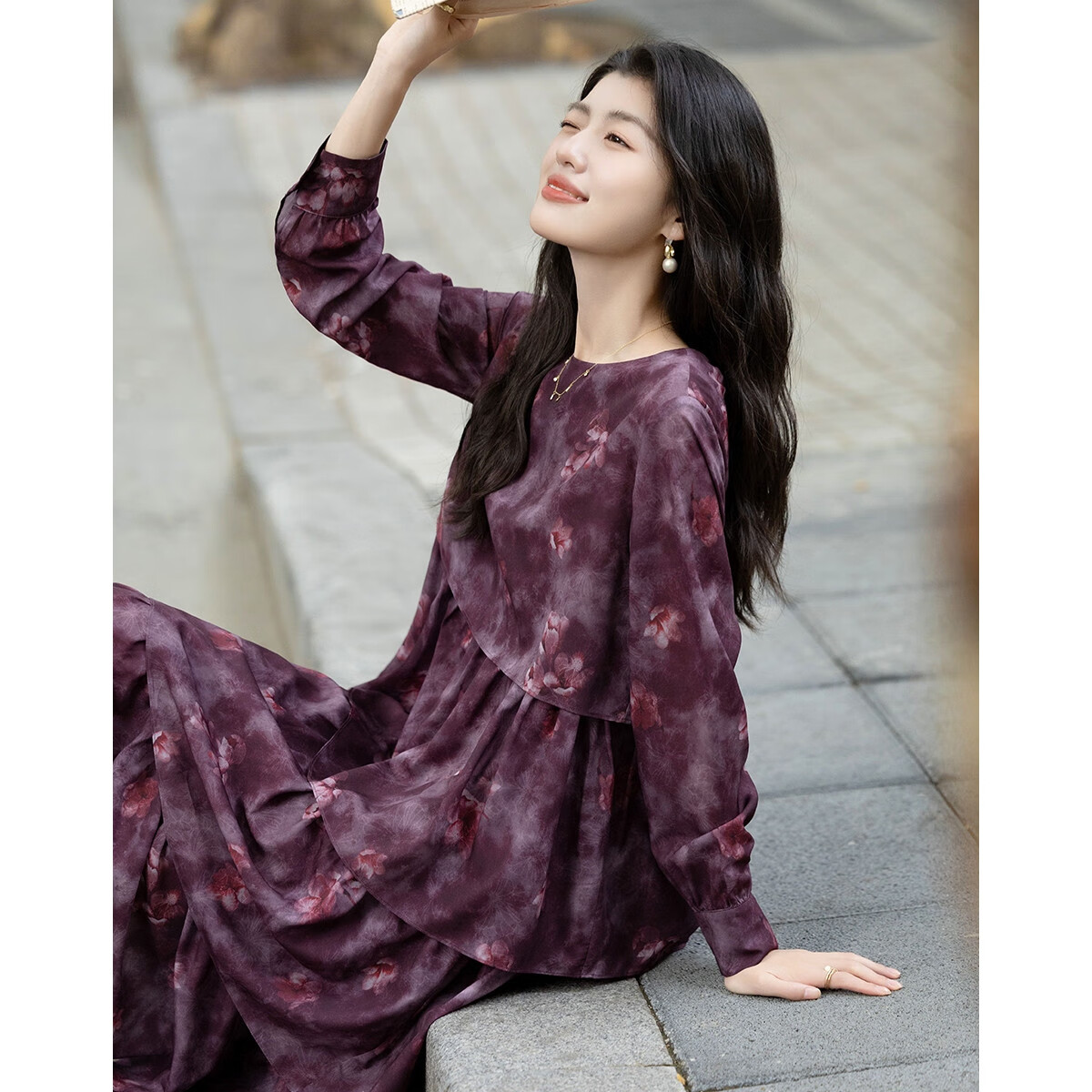 Demana [Peach Blossom Wrinkle Print] Autumn French Soft Style Cake Dress Loose Waist Slimming Elegant Women's Dress