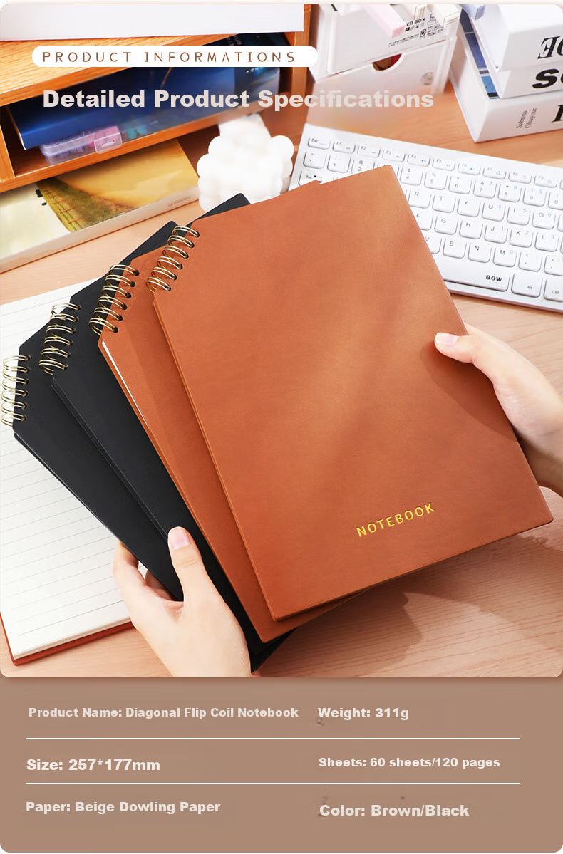 Faramon B5 Notebook Spiral Bound with Diagonal Flip, Thickened Simple Design for Middle School And High School Students, Comfortable to Hold, Aesthetically Pleasing Journal for College Students And Postgraduate Exam Preparation, Brown Color 7