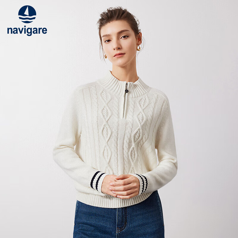 Navikail Italian Small Sailboat Women's Full Wool Commuter Sweater Half-Zip Knitwear 2334044501 White M