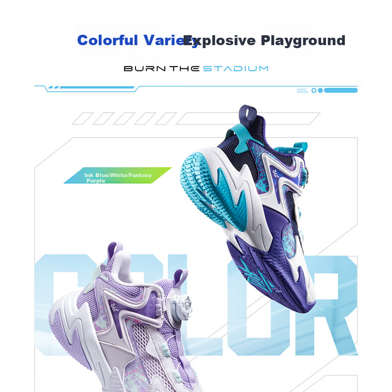 361° Children's Sports Shoes, All-Season Youth Basketball Shoes, Durable Training Sneakers with Rotary Buckle, Blue, Size 35 12