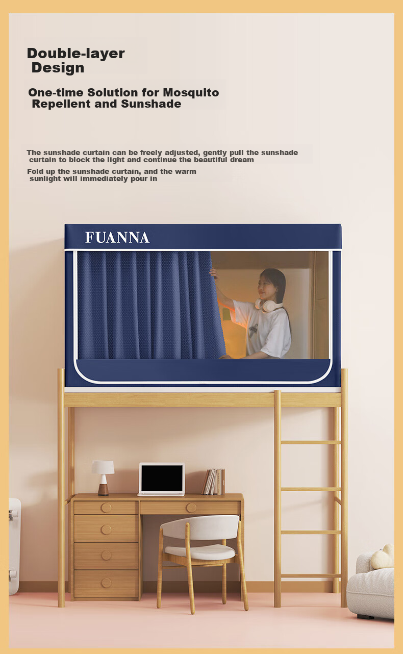 FUANNA × JINGDONG Customized Student Fence Mosquito Net, Dormitory Bunk Bed Strong Light-Blocking Curtain, 90*190*110cm 4