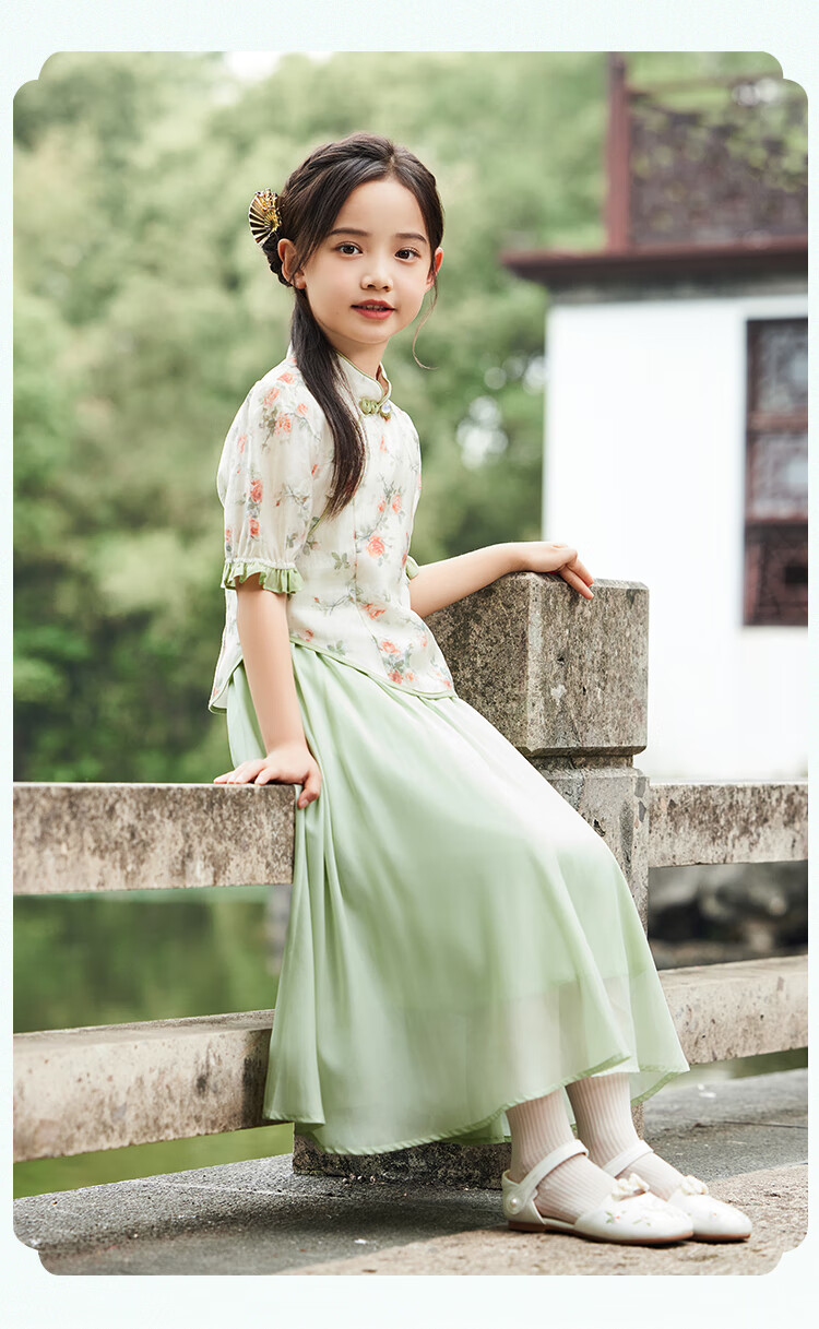 YEEHOO Children's Hanfu Girls' New Chinese-Style Blouse, Big Kids' Short-Sleeve Improved National Style Frog Button Top, Orange, Size 165 11