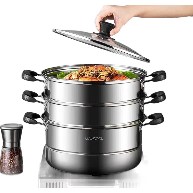 MAXCOOK Трехслойная пароварка 30см из нержавеющей стали с утолщенным дном для варки и тушения, совместима с газовыми и индукционными плитами