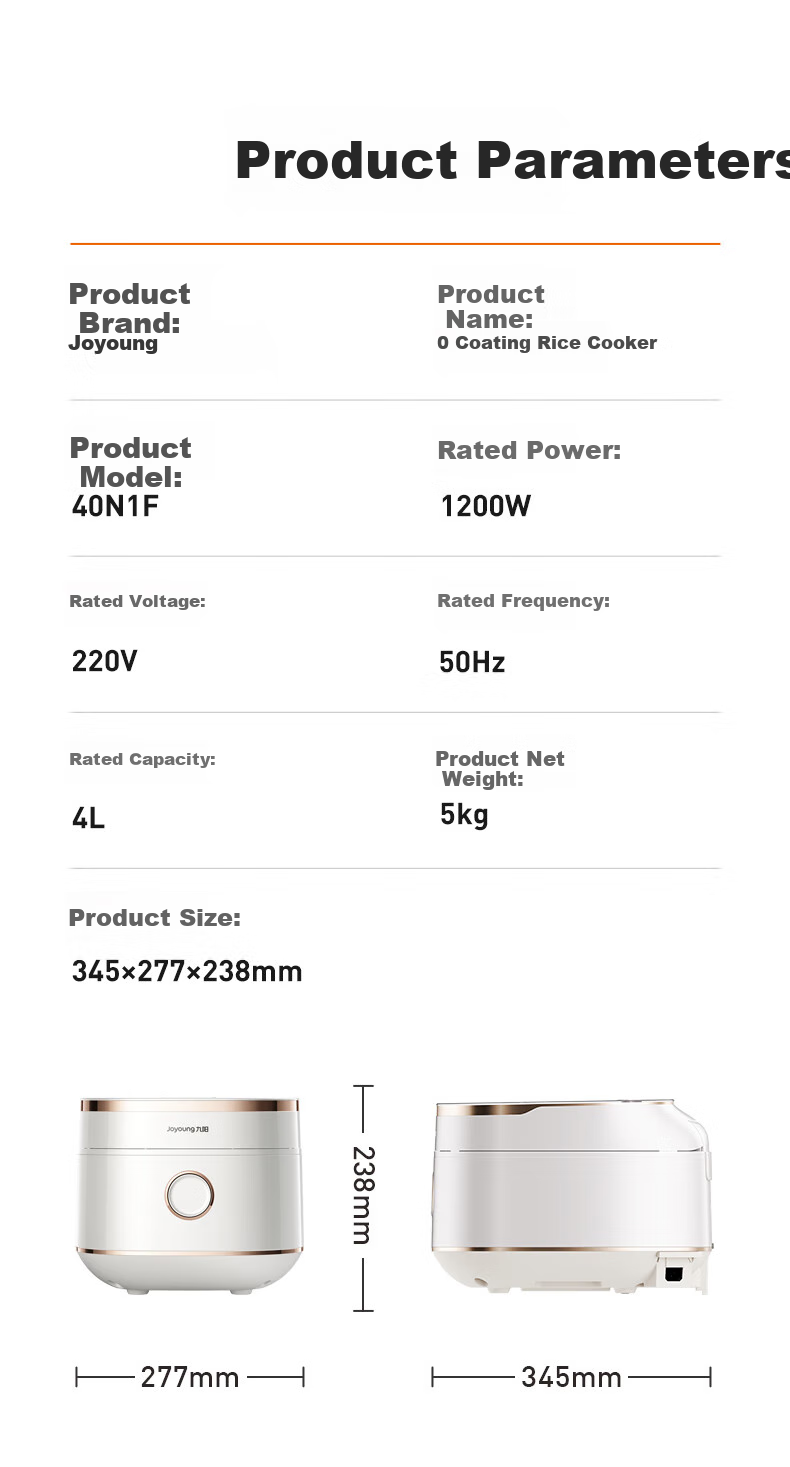 Joyoung [Full Honeycomb 0 Coating] 316L High-Purity Titanium Inner Pot, Low-Sugar IH Far-Infrared Heating Electric Rice Cooker, 4-Liter Capacity for 3-4 People, 8A Rice, Subsidy 40N1F 26