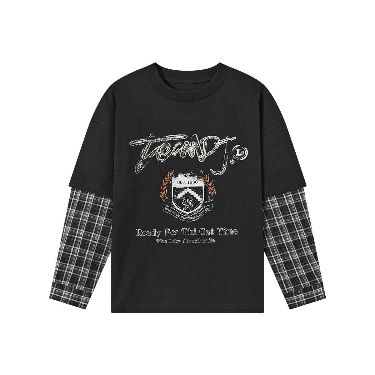 Duoduojia Boys' Sweatshirt, Spring And Autumn Style, Patchwork Long Sleeve, Plaid Retro Print, Children's Faux Two-Piece, Korean-Style Academic Style Top