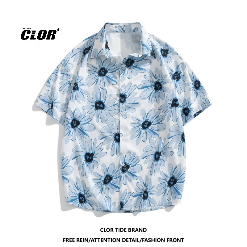 CLOR American Style Ice Silk Shirt Men's Spring and Autumn Printed Short Sleeve Loose Jacket CLCX11 Blue Rhythm Baby Flower 3XL