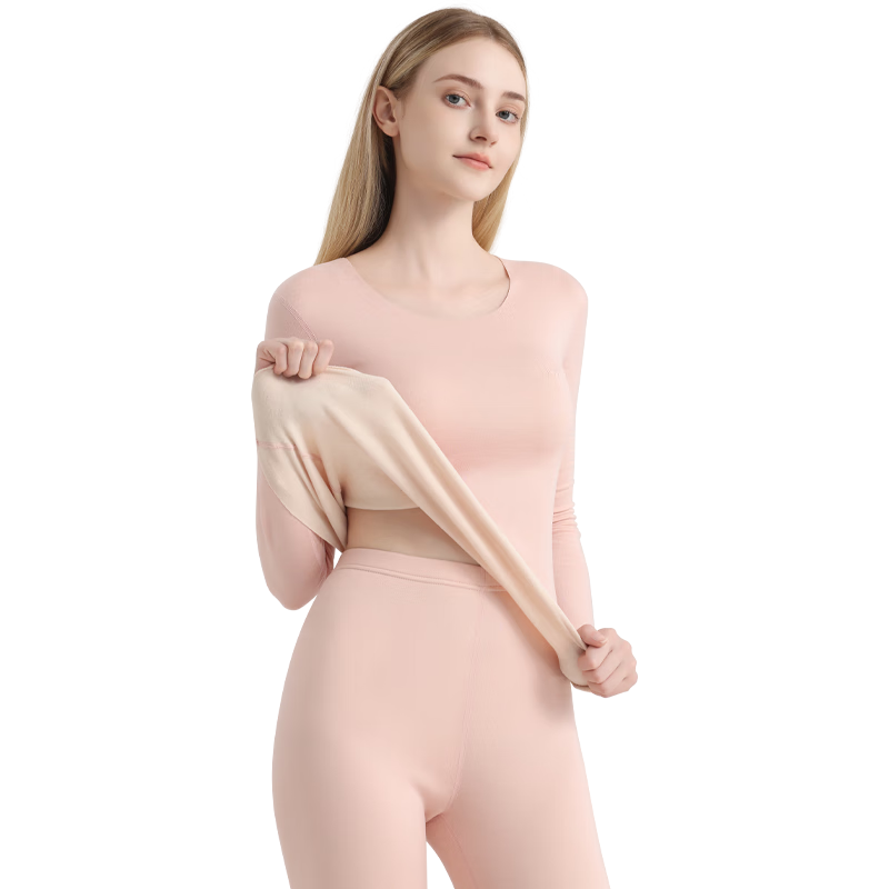 Miiow Women's Thermal Underwear Set with Cashmere and Silk, Seamless, Slim Fit, Light Pink, Size L