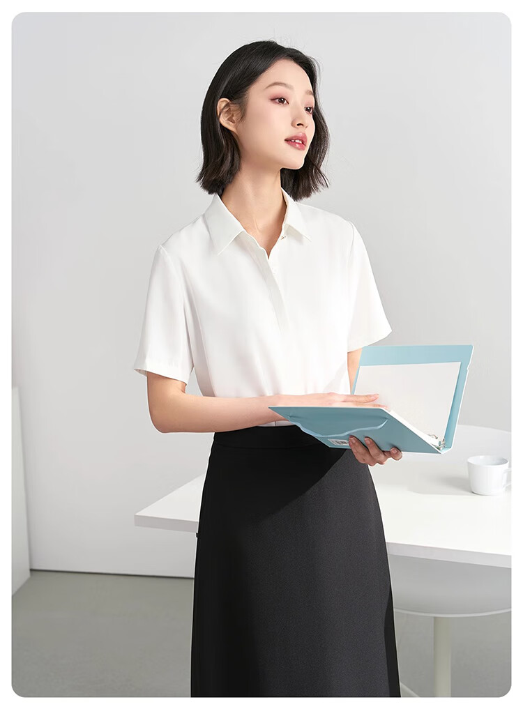 Bodexiaojie Blue Professional Short-Sleeve Blouse for Women, Summer Public Exam Interview Chiffon Top, Commuter Outfit Formal Shirt, Blue, XL 19