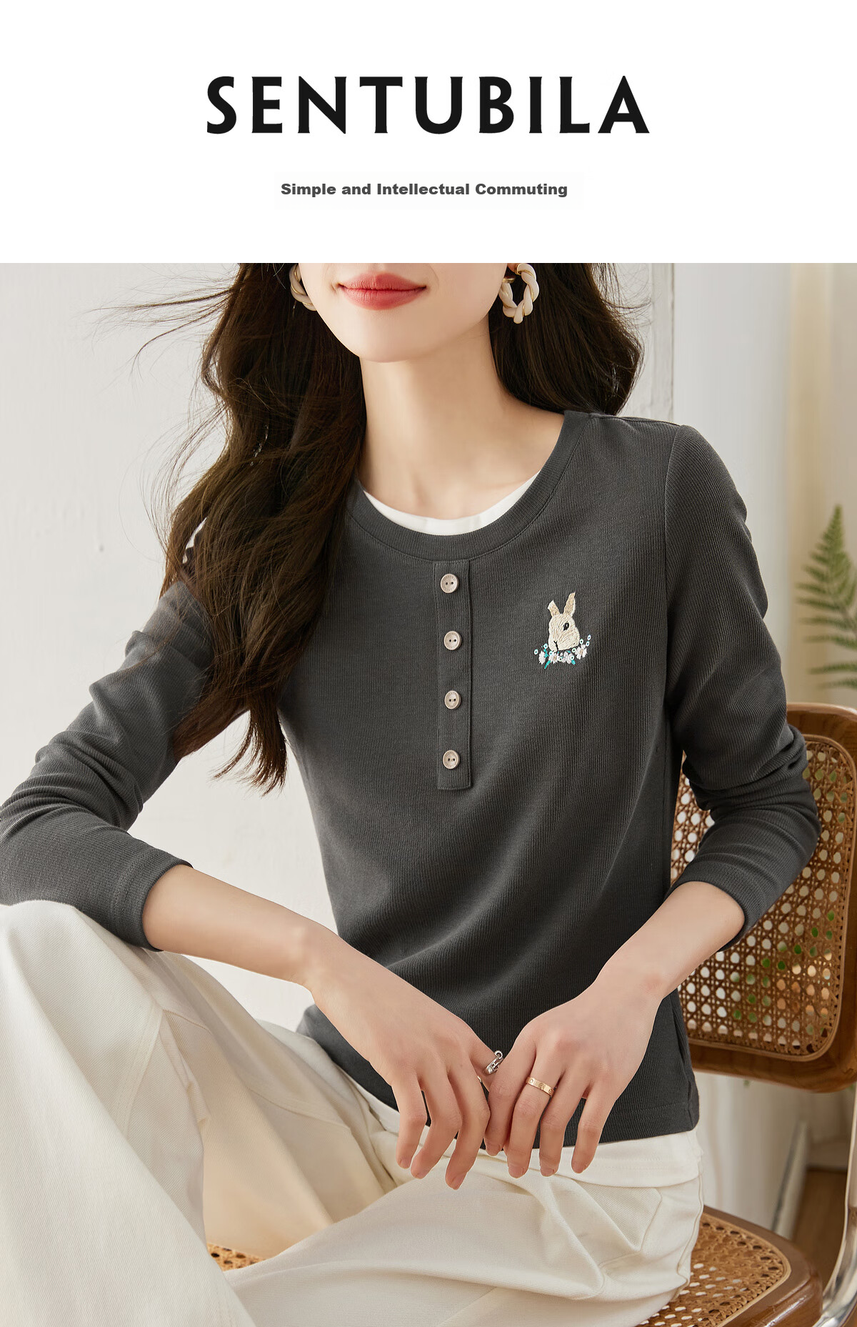 Sentubila Rabbit Embroidery Faux Layered Round Neck Long Sleeve T-Shirt for Women, Spring And Autumn Outer Wear Slimming Top, Dark Gray, S 1