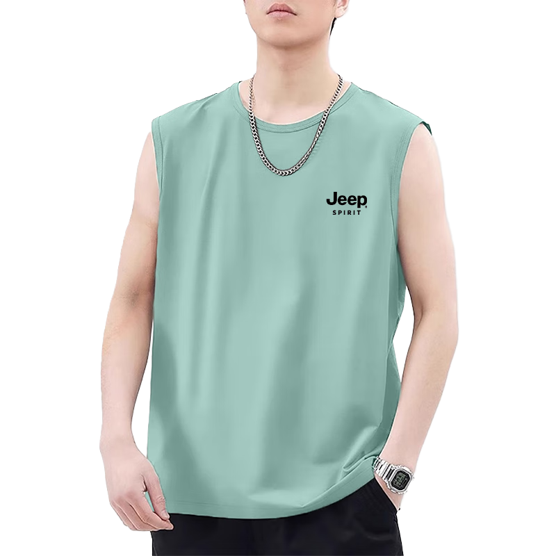JEEP SPIRIT Men's Summer Casual Ice Silk Breathable Cooling Sleeveless Vest T-Shirt Water Green L