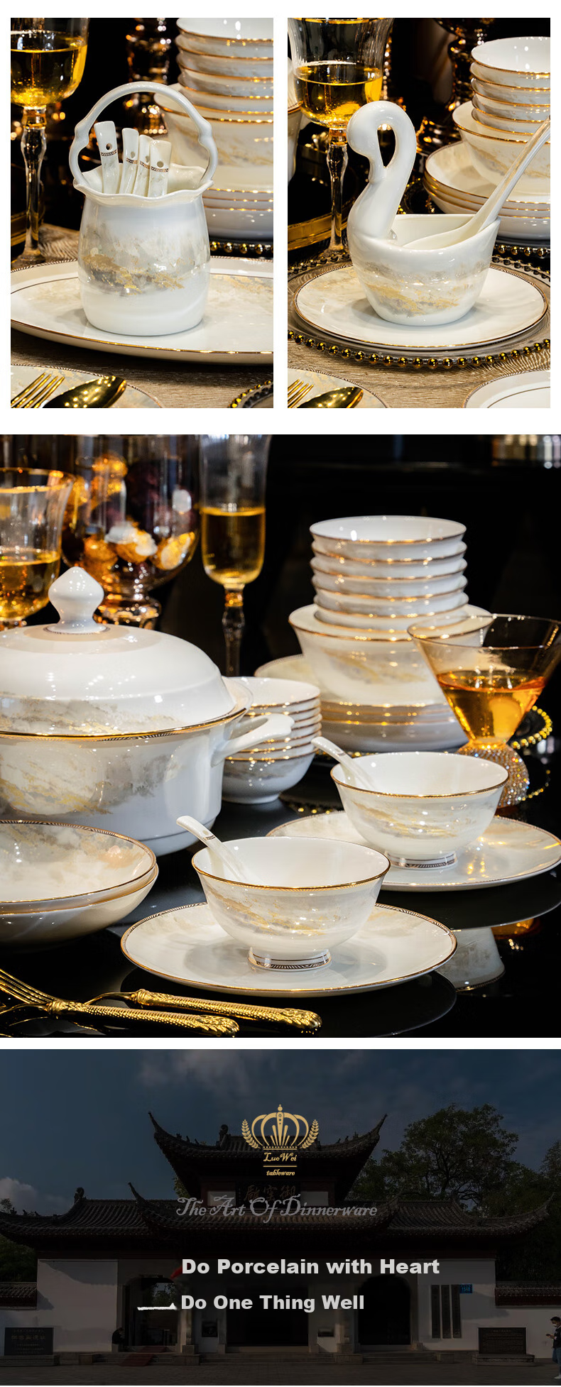Luowei Dahao Heshan 62-Piece Jingdezhen Ceramic Dinnerware Set, Bowl And Plate Set for Home Use, Dishwasher Safe 19