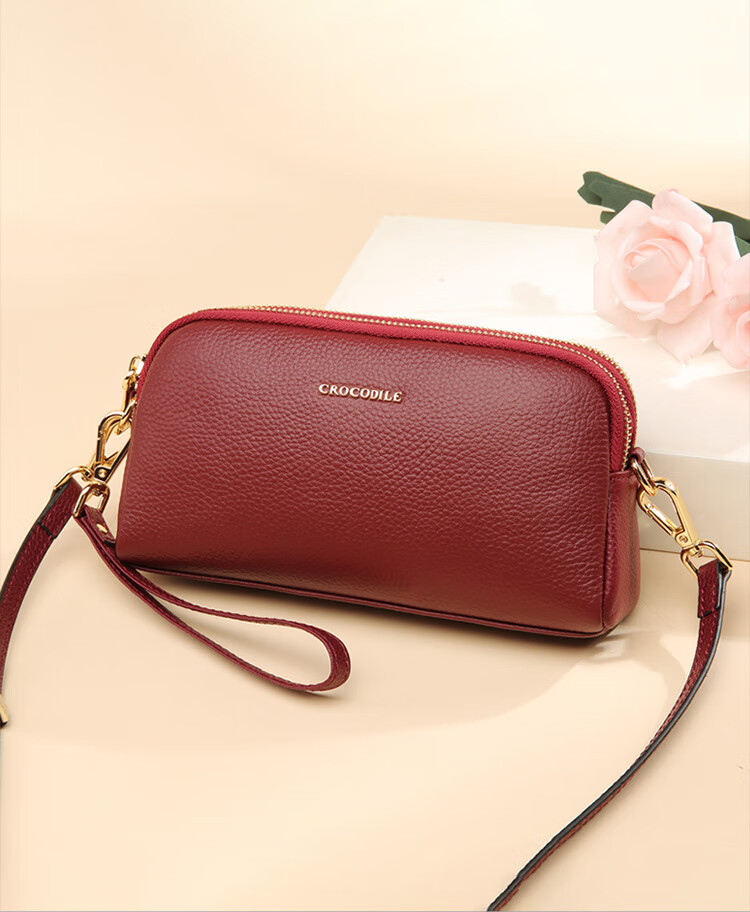 CROCODILE Goddess Festival Top-Grain Leather Simple Wristlet Bag, Women's Crossbody Small Bag, Versatile Shoulder Bag for Ladies 1