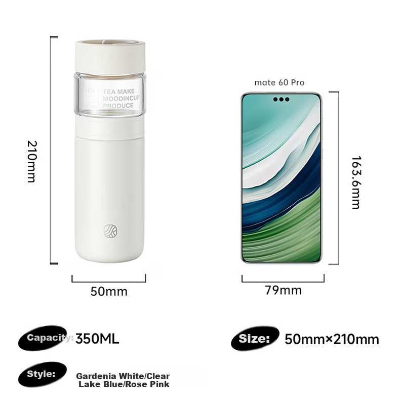 RELEA Insulated Water Bottle Unisex Tea Separation Cup Large Capacity 316L Stainless Steel Independent Tea Compartment Brewing Cup Floral Tea Mug 21