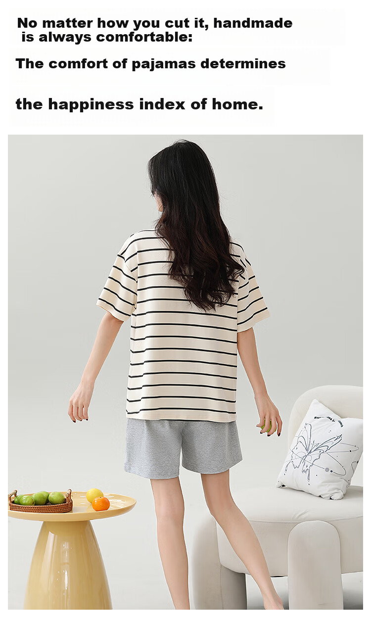 MiiOW [With Chest Pads to Prevent Nipple Show] Women's Summer Pajamas, Pure Cotton Sporty Casual Striped Loungewear, Beige 9