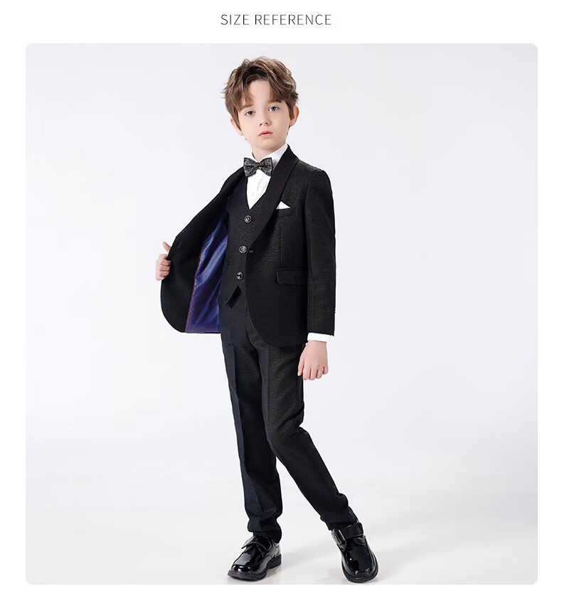 Romon Children's Suit Set Boys' British Style Host Piano Performance Outfit Autumn Shiny Black 5-Piece Set Size 110 15