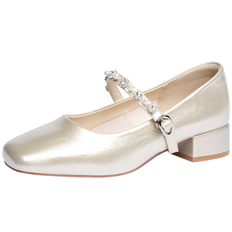 Zhuoshini French Mary Jane Shoes for Women 2026 New Summer Square Toe Low-Cut Leather Chunky Heel Single Shoes with Skirt Champagne Gold Size 35