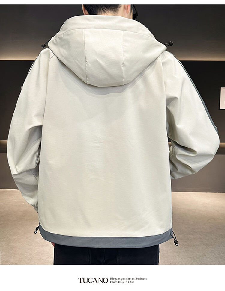 TUCANO Men's Spring Autumn Hooded Workwear Casual Jacket Loose Stylish Trendy Khaki 3XL 7