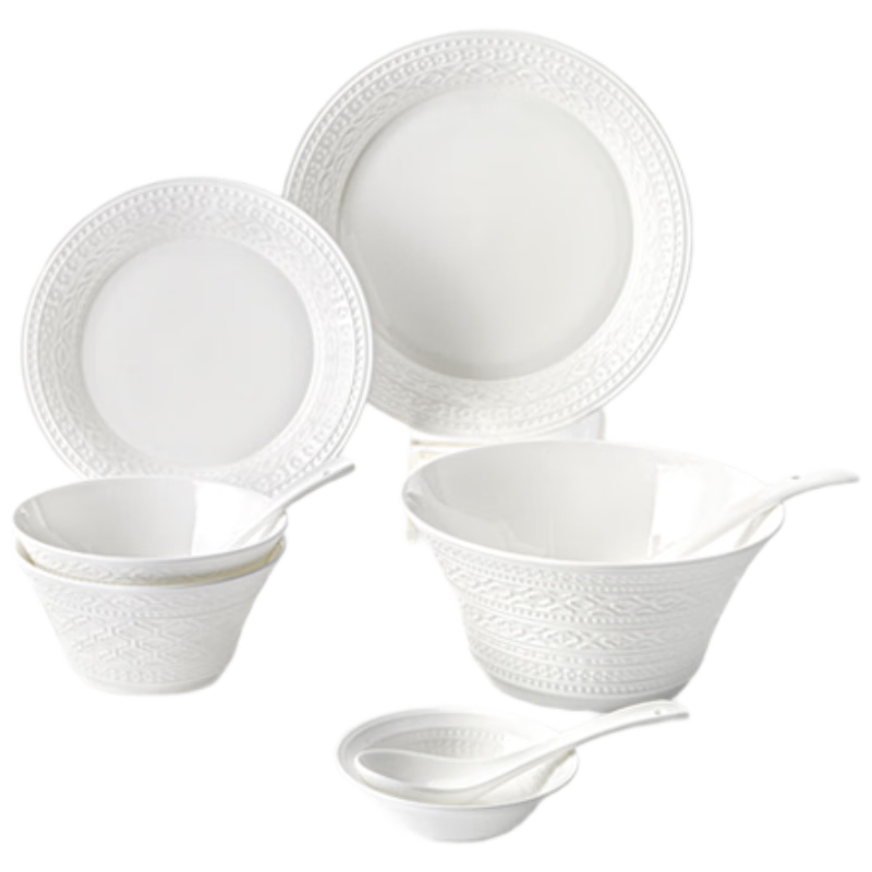 Magoront Tableware Set Bone China High-End Pure White Embossed 9-Piece 2-Person Set Wish All Things Go Well