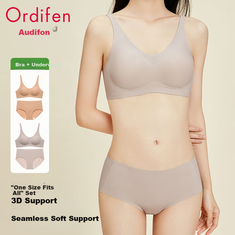 Ordifen Women's Lingerie Gift Set, One-Size Invisible Seamless Push-Up Wireless Thin Bra Set, Gift, Gray