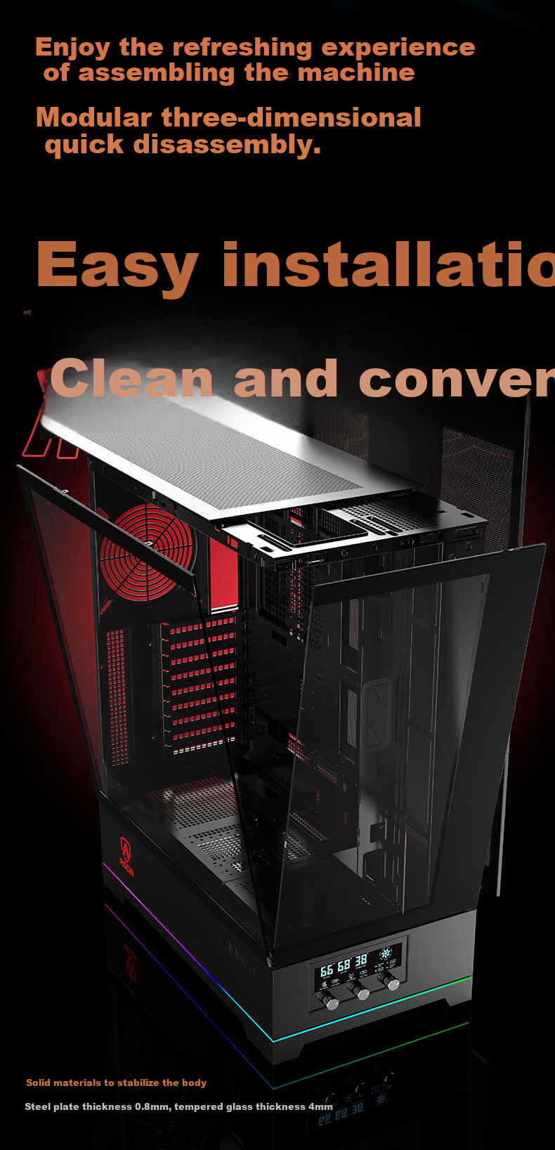 AOC ACG880B Black EATX Gaming PC Case, 270° Panoramic View Quick-Release Design, 9-Slot Dual Graphics Card Support, Compatible with 480mm Water Cooling, Digital Display Scree 6