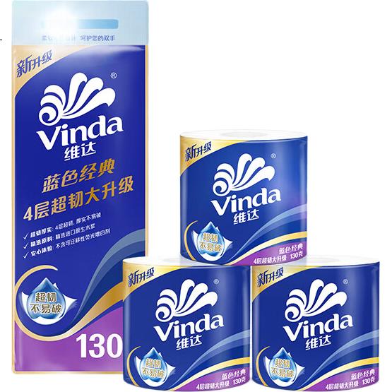 Туалетная бумага Vinda Blue Classic, 4-слойная, 10 рулонов, 130г/рулон, 100% первичная древесная целлюлоза, без аромата