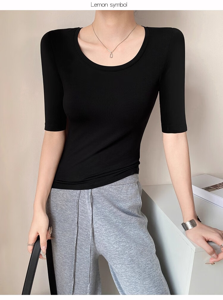 NOME White T-Shirt for Women, Mid-Sleeve Round Neck Summer Modal Undershirt Slim-Fit Solid Color Three-Quarter Sleeve Top Black L 3