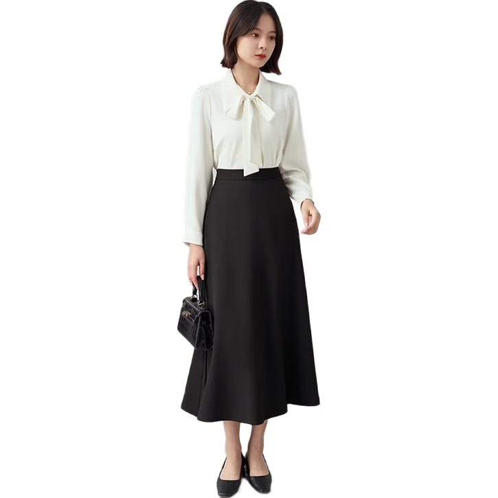 Bodexiaojie Black A-Line Long Dress for Women, Formal Umbrella Skirt, Professional Mini Skirt for Commuting, Interview Skirt, Suit Skirt