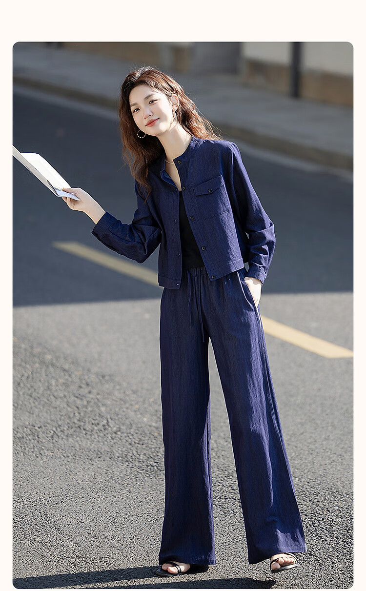 Demana Hong Kong Style Denim Set Spring Vintage Relaxed Fit Crew Neck Top Elastic Waist Wide Leg Pants Women's Two-Piece Set 2