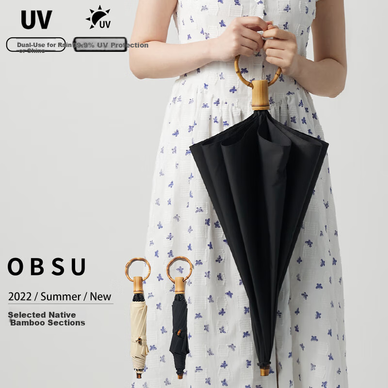 Obsu Japanese, Obsu Long-Handle Folding Umbrella for Women, Sturdy Double-Fold Circular Bamboo Handle Nano Non-Wet Umbrella, Black Bamboo Ring Umbrella