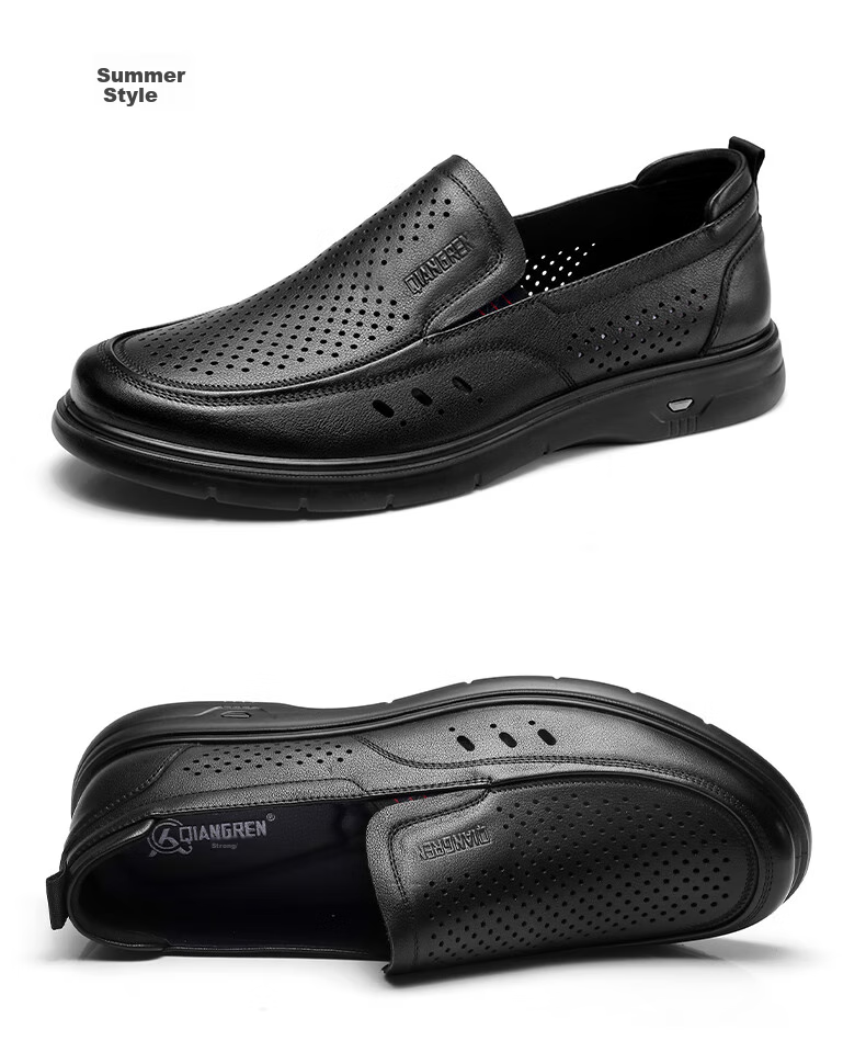 Qiangren Large Size Men's Shoes, Top-Grain Leather, Extra Large Size Leather Shoes, Slip-On Business Casual Shoes, JDA5128, Black, Size 48 14
