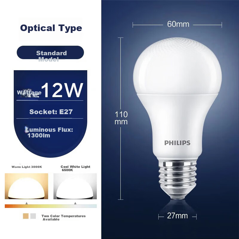 PHILIPS LED Energy-Saving Light Bulb, Living Room Home Use, Super Bright Illumination, E27 Large Screw Base, Globe Bulb, 12 Watts, 3000K, Eye-Friendly Type