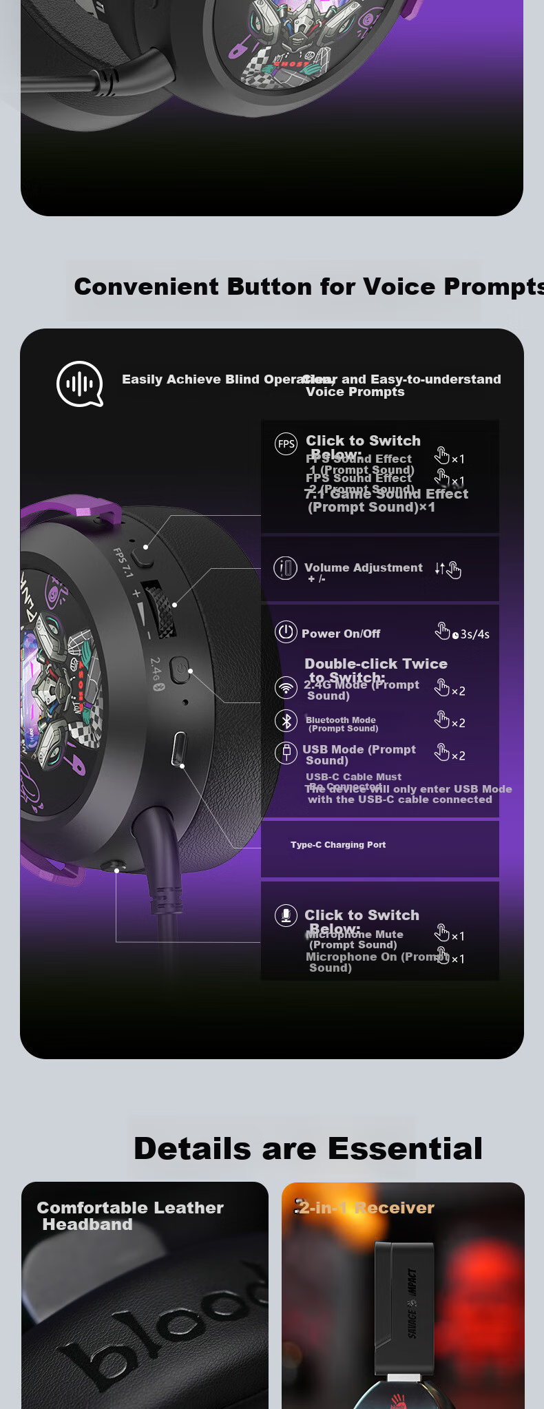 A4TECH Wild Tribe MR595PRO Wireless/Bluetooth/Wired Gaming Headset Over-Ear Blood Hand Phantom PUBG CS Valorant Lightweight Delta Gaming Phantom Hacker 12