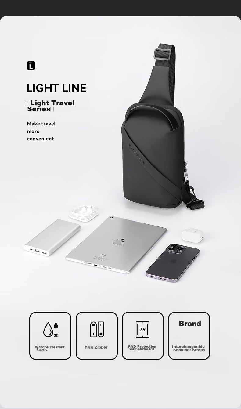 MARK RYDEN Chest Bag, Men's Shoulder Bag, Fashionable Cycling Crossbody Bag, Multifunctional Sports IPad Bag, MR8518 Elegant Black 5